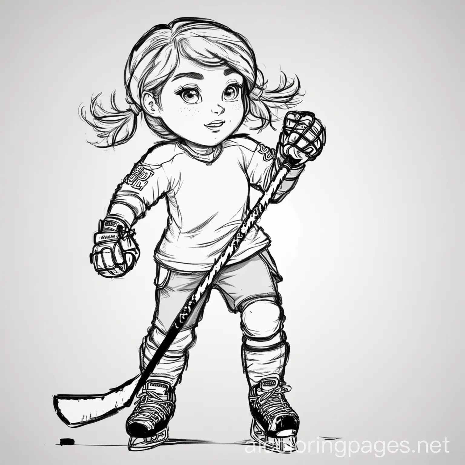 girl hockey player, Coloring Page, black and white, line art, white background, Simplicity, Ample White Space. The background of the coloring page is plain white to make it easy for young children to color within the lines. The outlines of all the subjects are easy to distinguish, making it simple for kids to color without too much difficulty