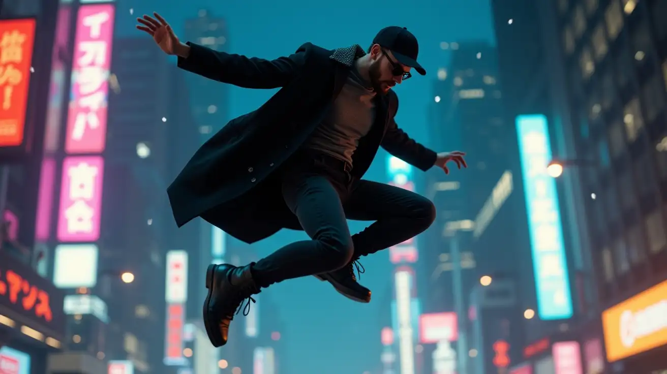 A slim 30-year-old man, wearing a baseball cap and dressed in a black trench coat, sunglasses, and combat boots, is captured mid-air performing a backflip. His coat is billowing behind him as he twists his body with precision. The scene is set against a neon-lit, dark cityscape with tall buildings and glowing signs. Digital particles and fragments float around him, creating a sense of motion and energy, as he prepares to land gracefully, highlighting his agility and control in a futuristic urban setting.