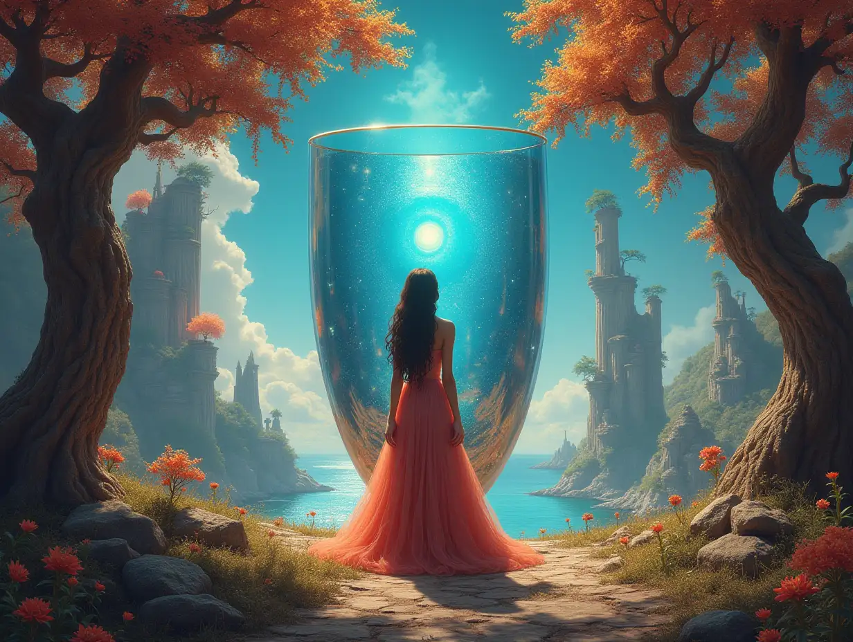 Ultradetailed hyperrealistic portrait  Multiverse time traveler with different strange beings giant glass cup, wide trees  The elaborately detailed, colorful with a riere utopian , in the background utopian towers and sea