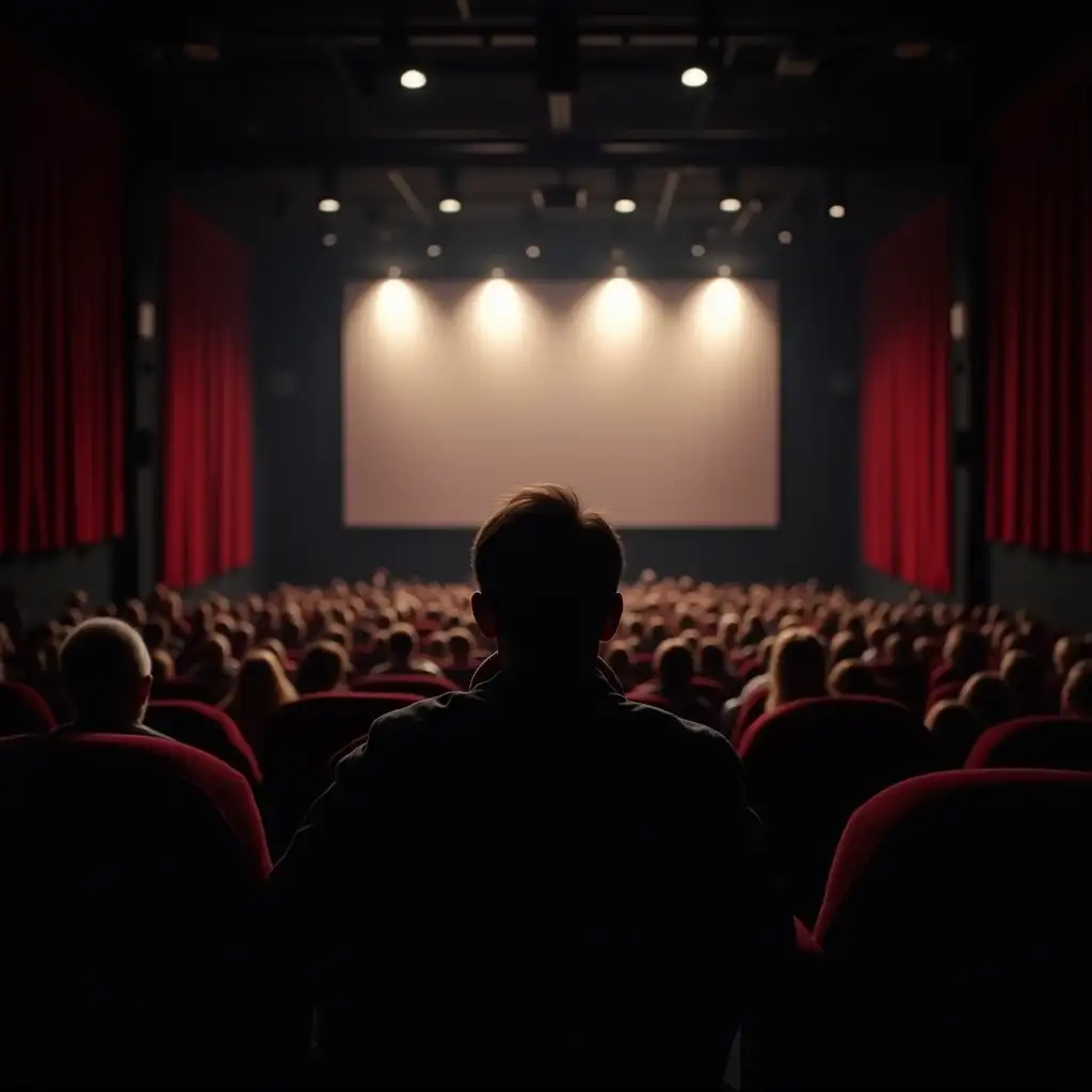 Cinema hall with audience viewed from behind