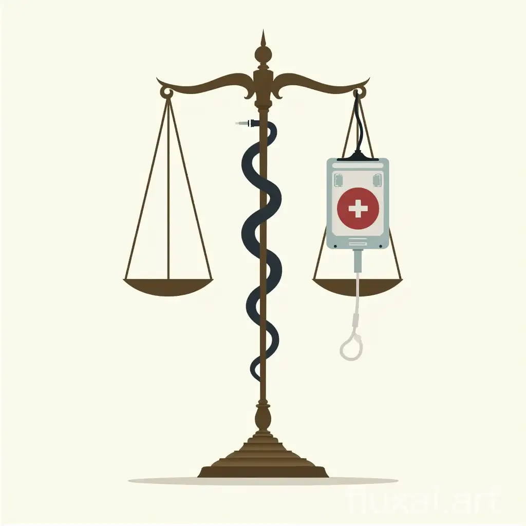 4k, stylized, simplicity, vector art, scale of justice caduceus staff, medical IV bag on the right size instead of the snake and normal scale on the left, IV bag with IV line down and around the center staff to the bottom.