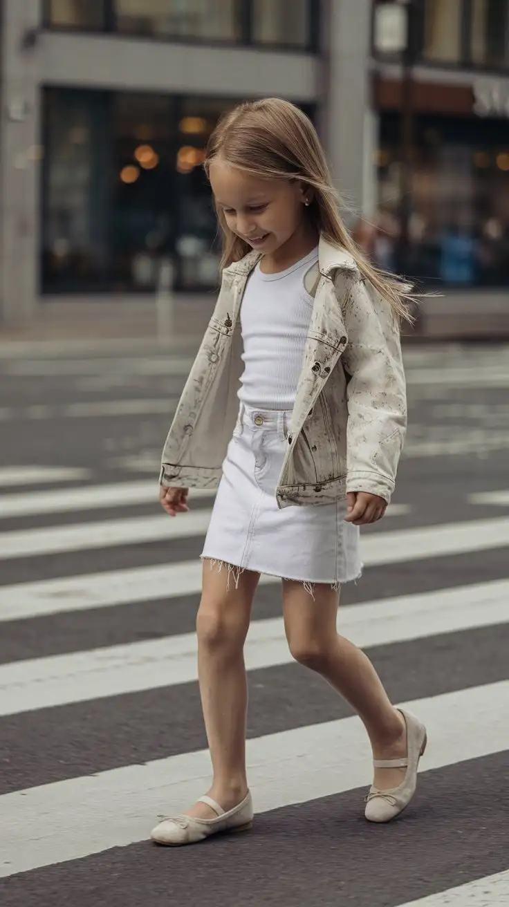 little young girl wearing white mini denim skirt and white tanktop and white suede ballet flats and walking over a zebra crossing and long legs ans smiling