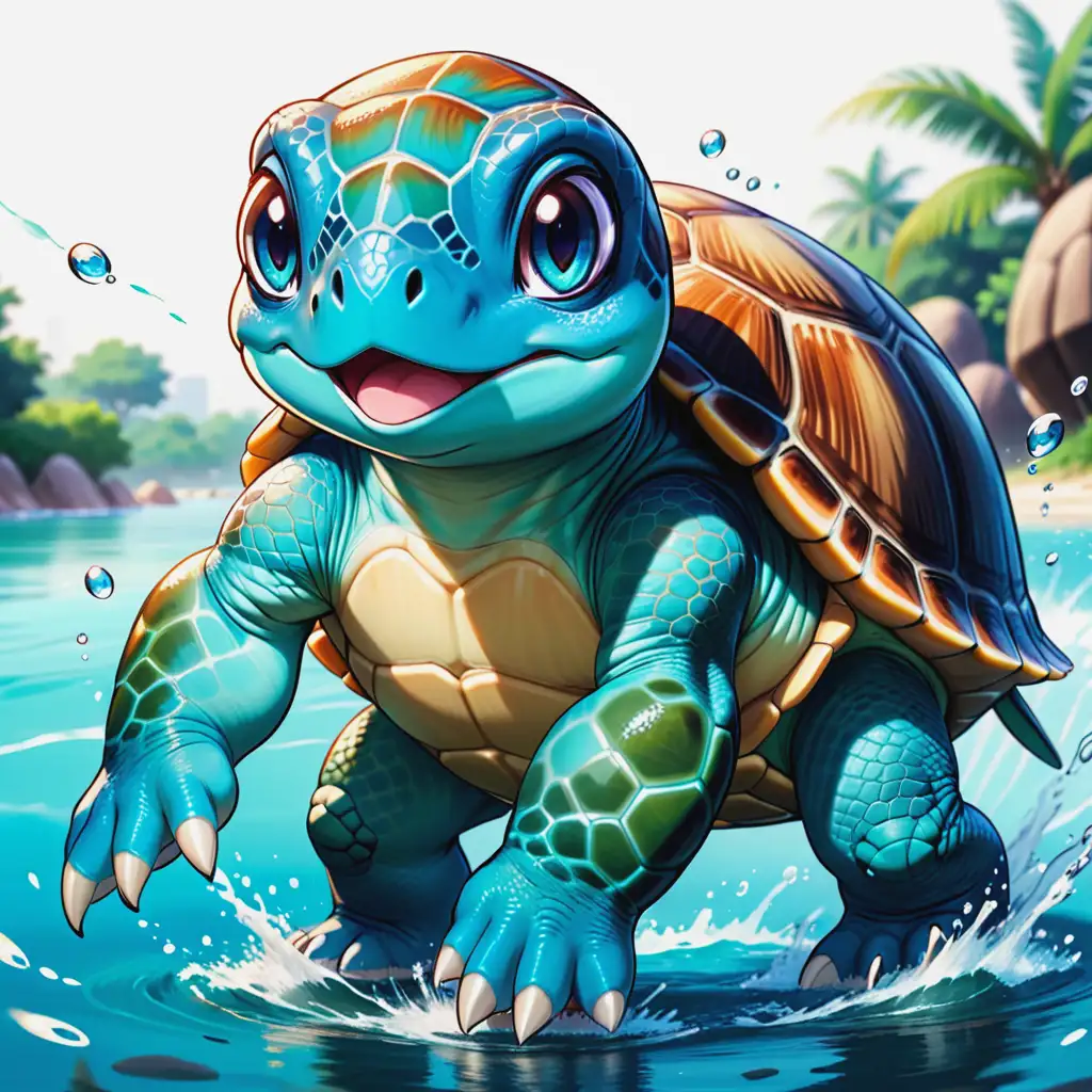 Angry Blue Water Turtle with Cute Eyes in Anime Cartoon Style