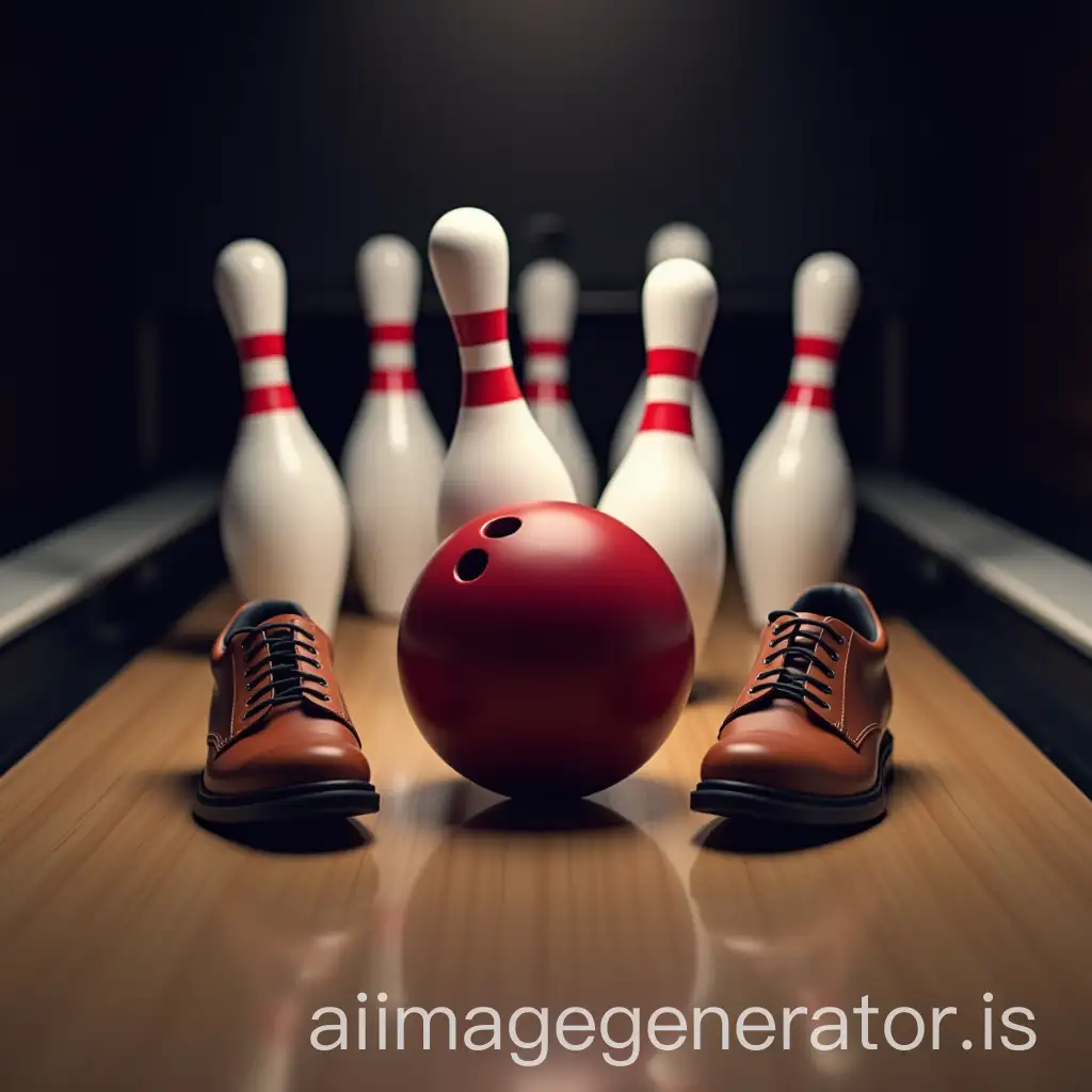 Image of a bowling ball with pins and shoes on a bowling lane ?