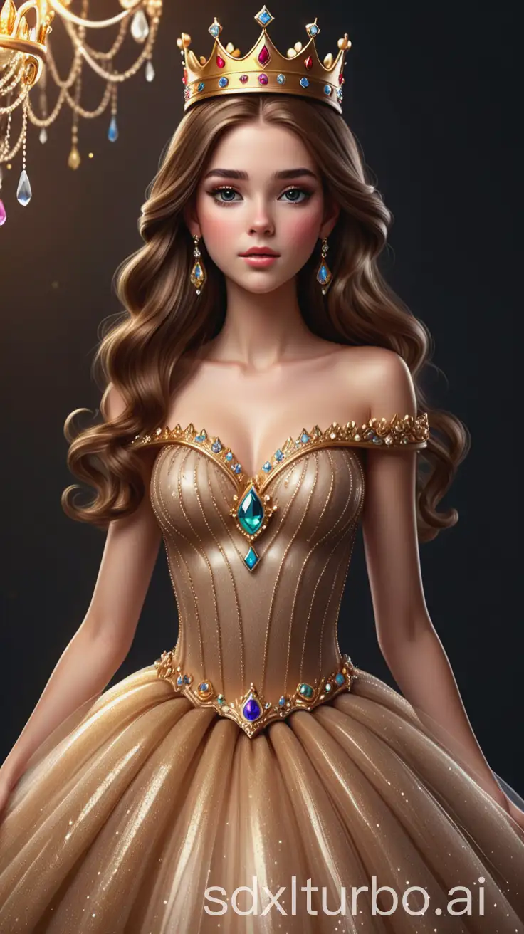 a standing beautiful real  brown hair princess with  gorgeous and jewelry female gold crown on her head and Luxury Sparkly tulle Ball gown With Jewel on dress skirt, ultra realistic, beautiful detail and color.