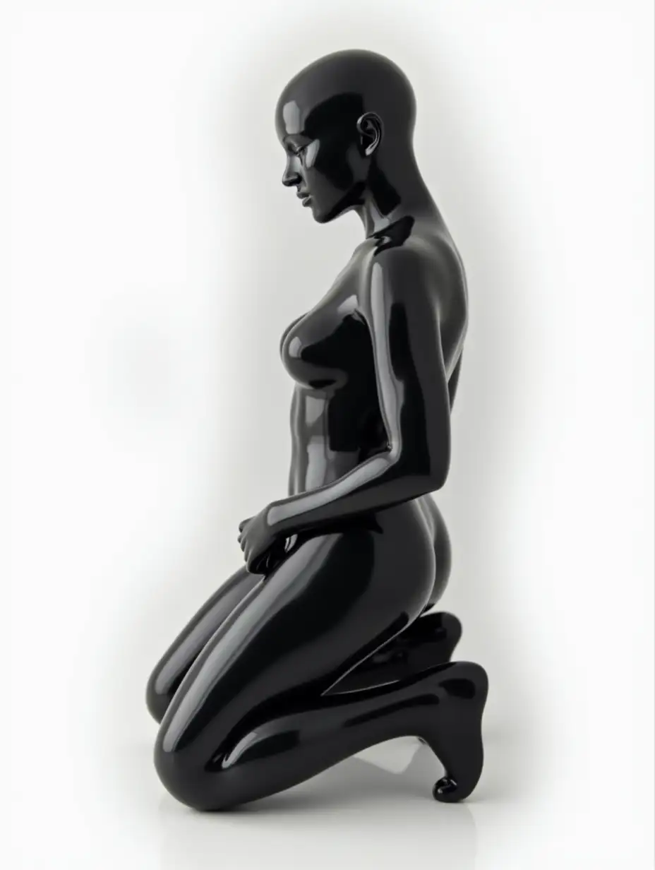 black glossy plastic figure of a woman, skinhead, in clear glossy plastic, full body with legs and feet, extreme glossy, diagonal view, kneeling, white background