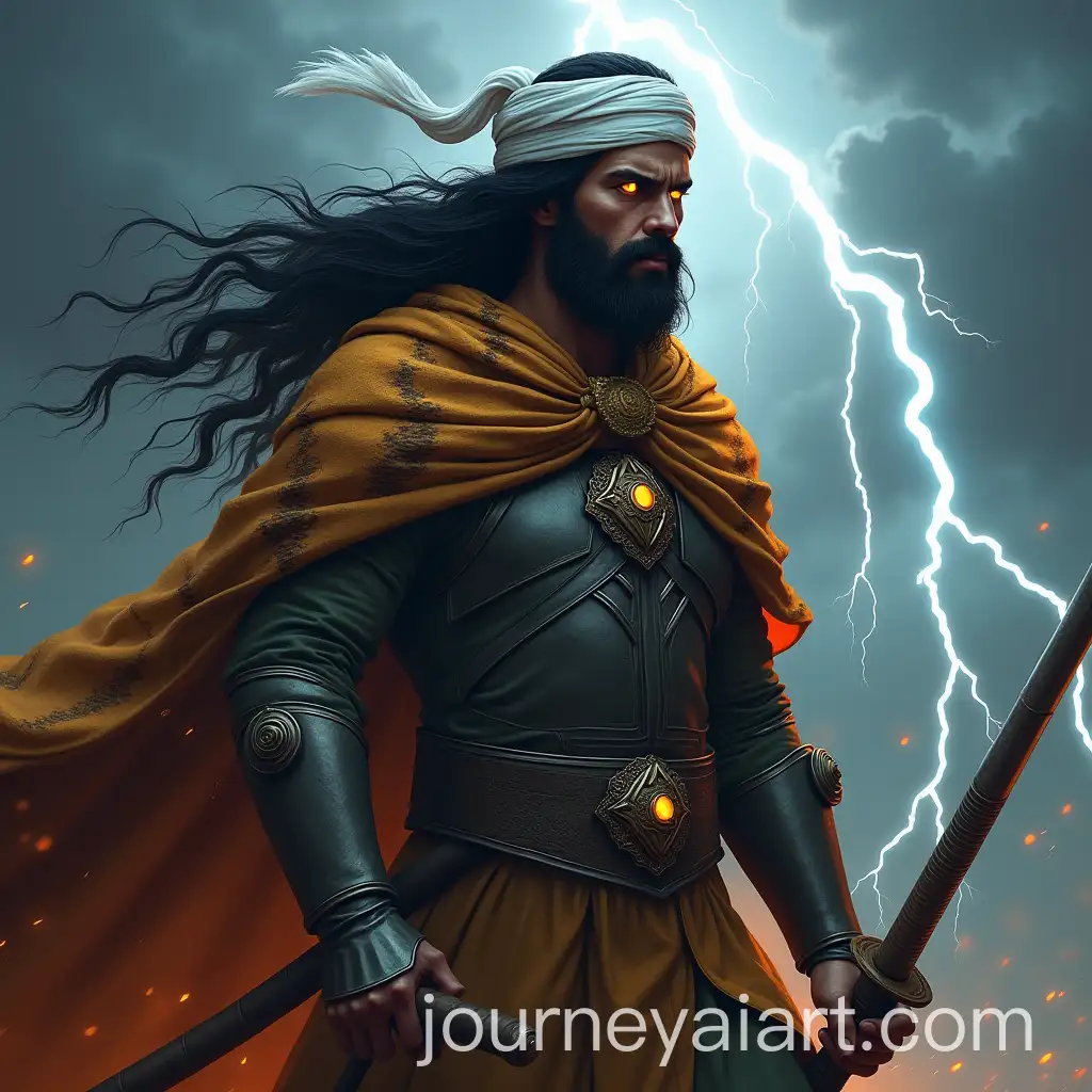 Epic-Muslim-Warrior-in-Traditional-Armor-with-Tiger-Skin-Cloak-and-Thunderstorm-Background