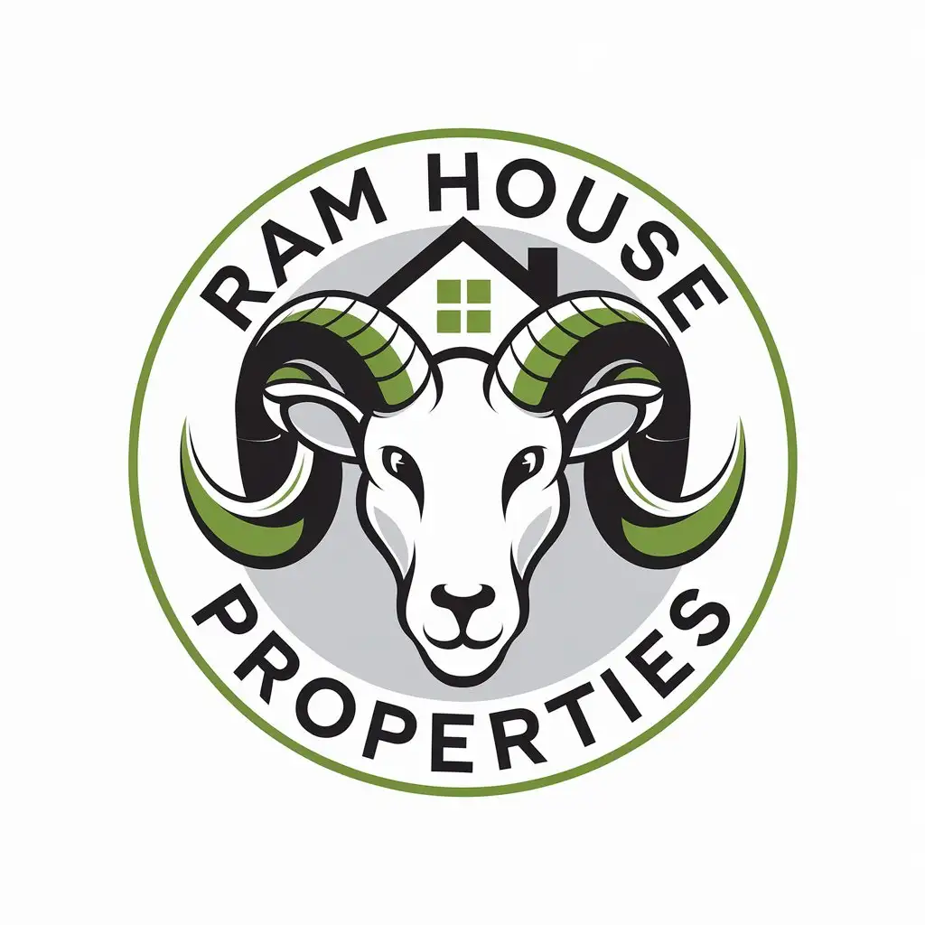 LOGO Design for Ram House Properties Green Black with Minimalist Ram Head and House Theme