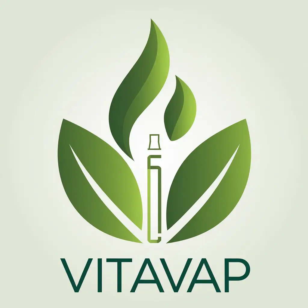 a vector logo design,with the text "vitavap", main symbol:A stylized green leaf or a soft flame to symbolize nature and purification, suggesting a transition to a healthier lifestyle. A minimalist electronic cigarette, integrated into the leaf or the flame, could symbolize the reduction tool.,Moderate,clear background