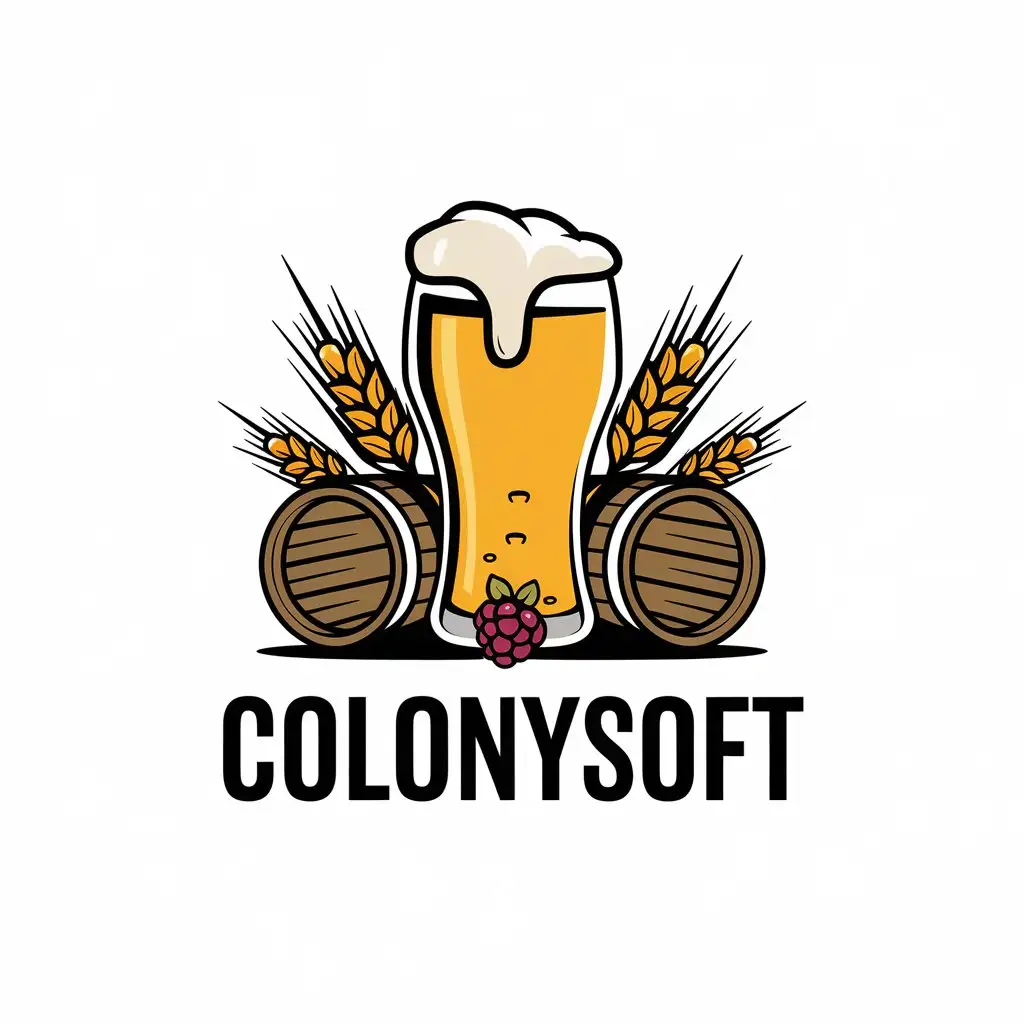 a vector logo design,with the text "ColonySoft", main symbol:a vector logo design,with the text 'microbial interaction', main symbol:beer, pellicle, barley, small raspberry, Oak barrels, complex, be used in Craft brewing industry, clear background,complex,be used in Technology industry,clear background,complex,be used in Technology industry,clear background