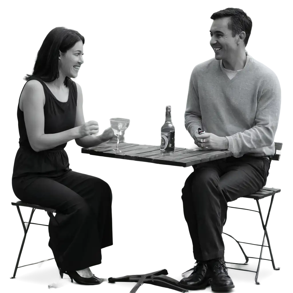 Black-and-White-PNG-of-a-Man-and-Woman-Laughing-with-Drinks-at-a-Table-Perfect-for-Digital-and-Print-Use