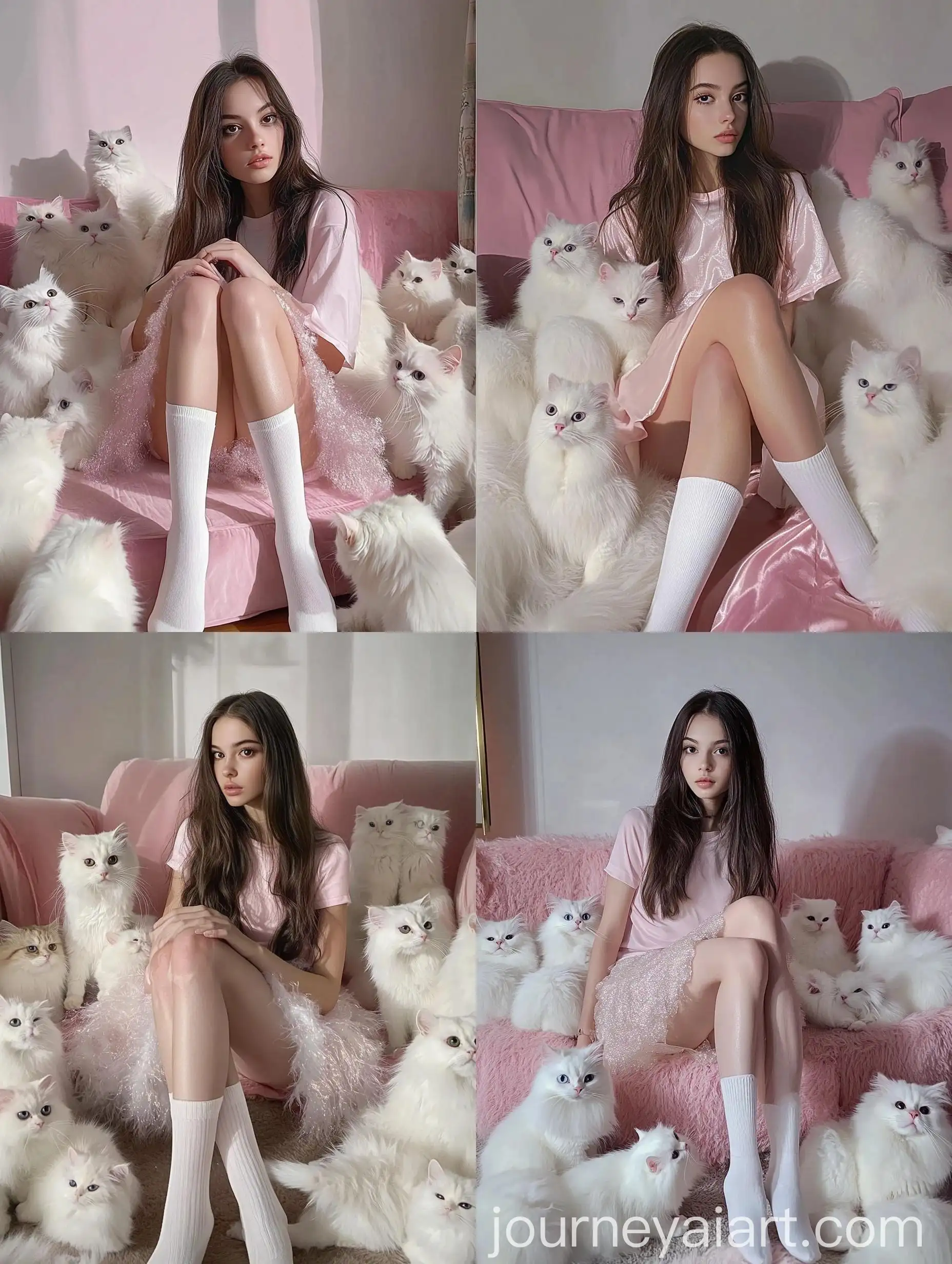 Young-Woman-with-Fluffy-White-Cats-in-Pink-Room
