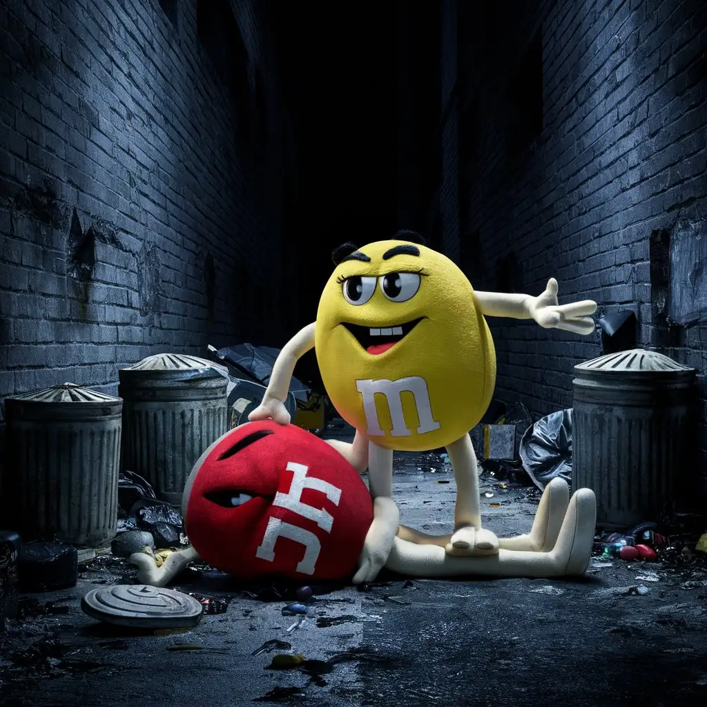 Urban-Night-Scene-with-Yellow-and-Red-MM-Mascots-in-Alley