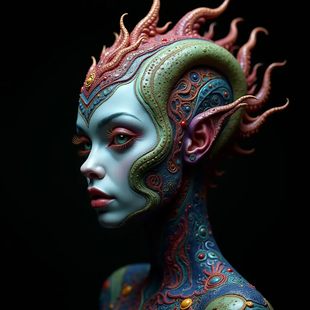 Hyperrealistic portrait of a beautiful alien queen with intricate, colorful details on a black background