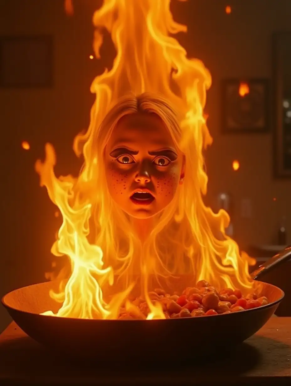 Huge flames erupting from pan, smoke alarm blaring, her face covered in soot. Burnt food flying, comedic wide-angle shot. Hyper-realistic fire effects, Pixar-like exaggeration.