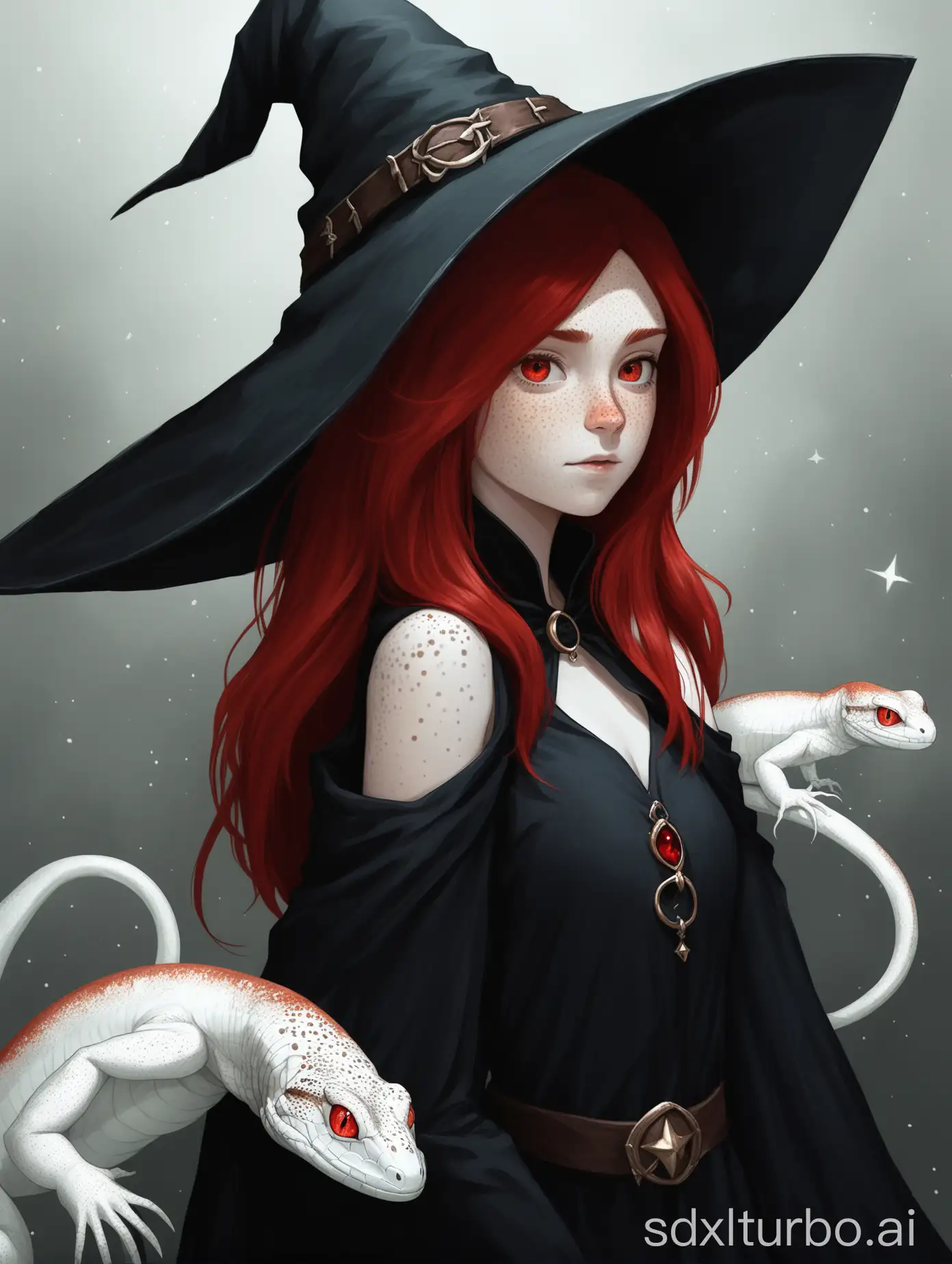 girl witch in big black hat, with red hair, red eyes and freckles on shoulder, familiar white lizard