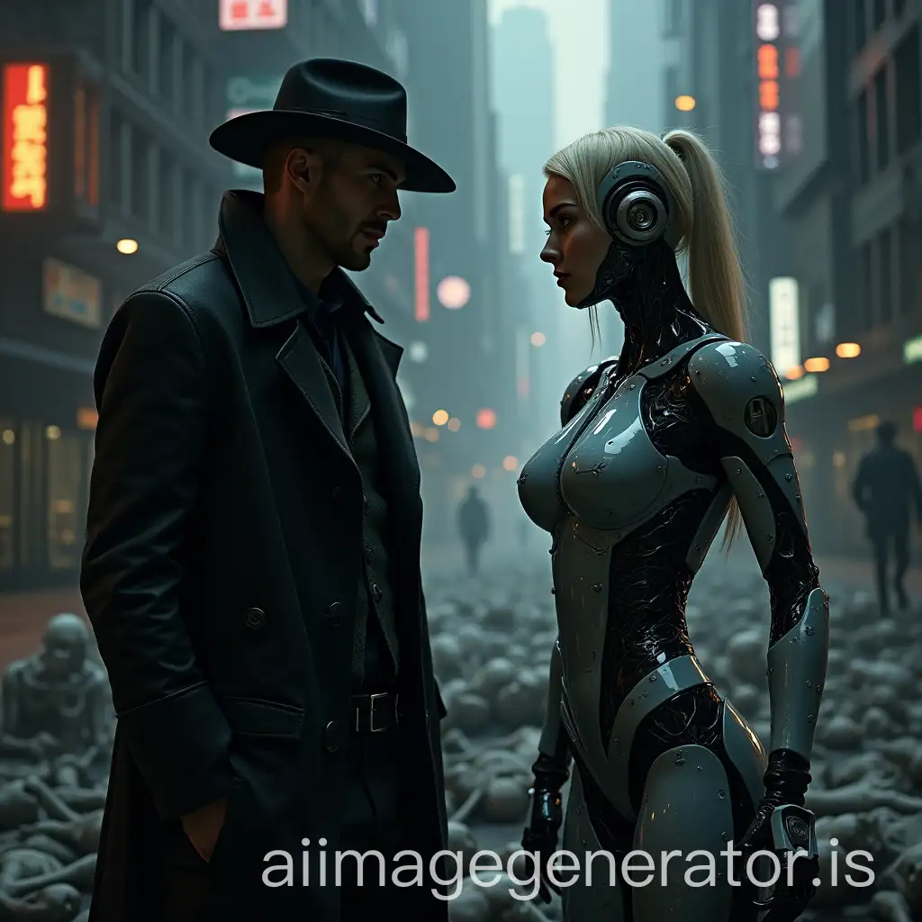 a detective and a cyborg woman in a futuristic city with corpses behind them