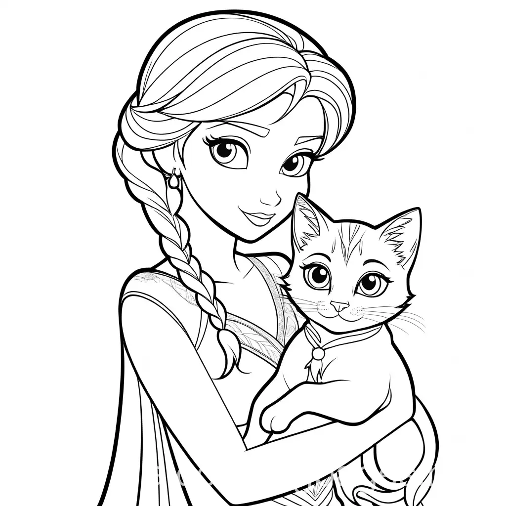 elsa holding a kitty cat, Coloring Page, black and white, line art, white background, Simplicity, Ample White Space. The background of the coloring page is plain white to make it easy for young children to color within the lines. The outlines of all the subjects are easy to distinguish, making it simple for kids to color without too much difficulty