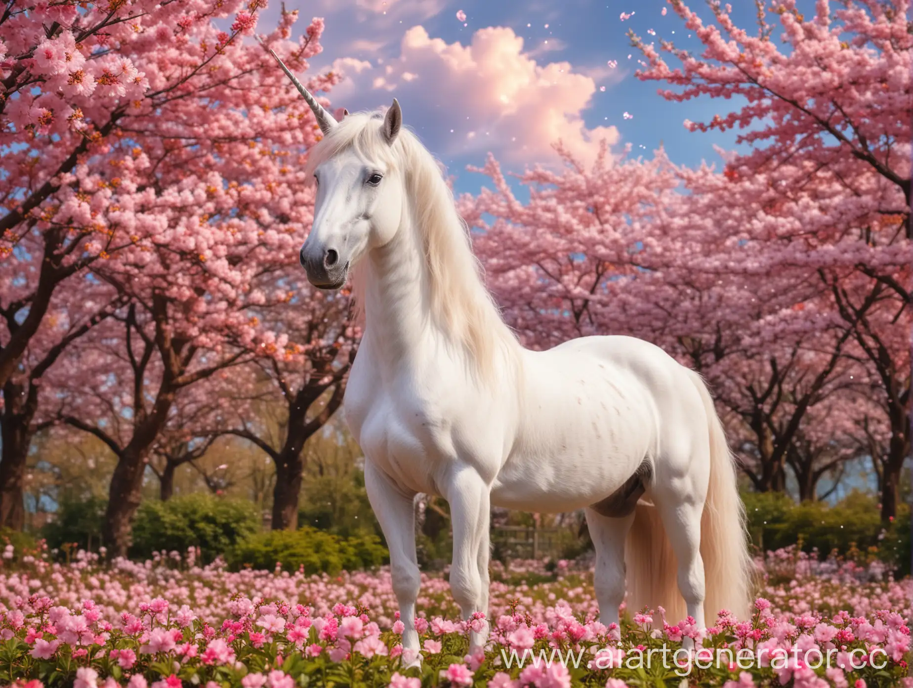 Magical-Unicorn-in-a-Flower-Garden-with-Blooming-Sakura-and-Clear-Sky