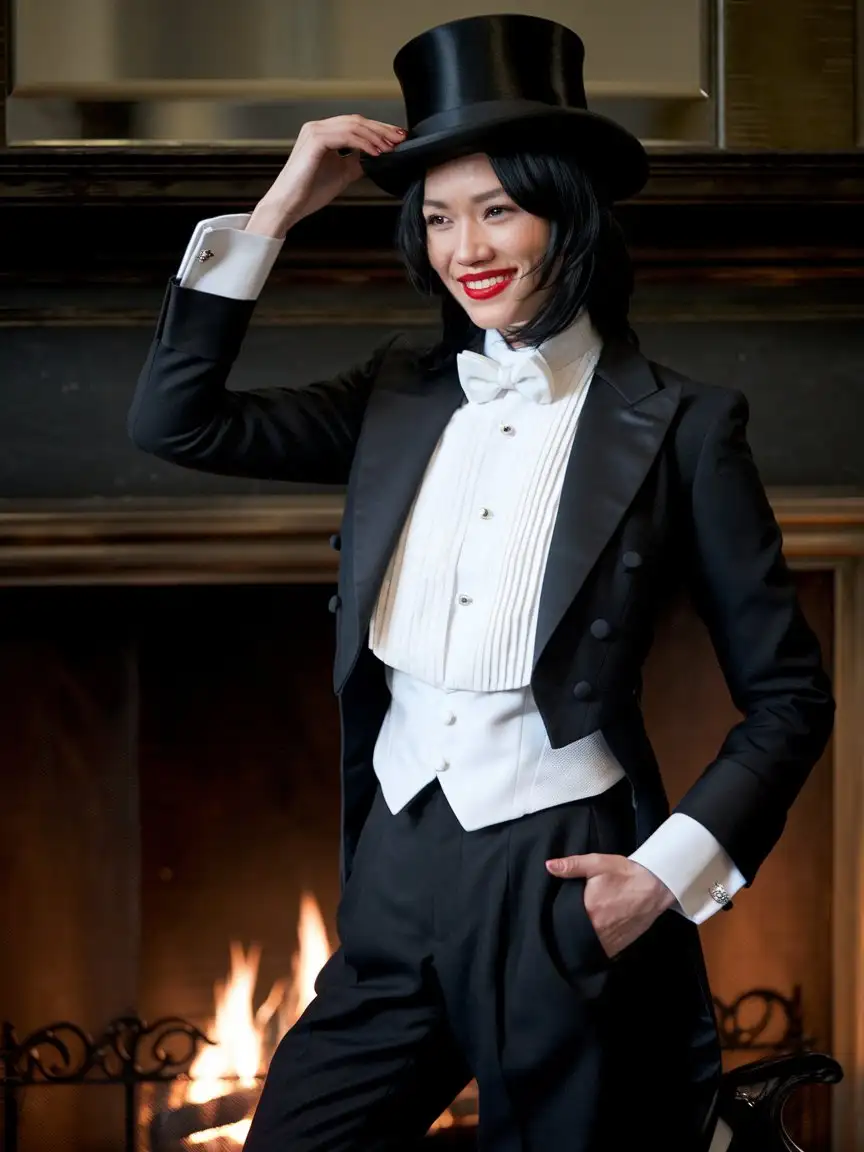 Elegant-Chinese-Woman-in-Tuxedo-Adjusting-Hat-by-Fireplace