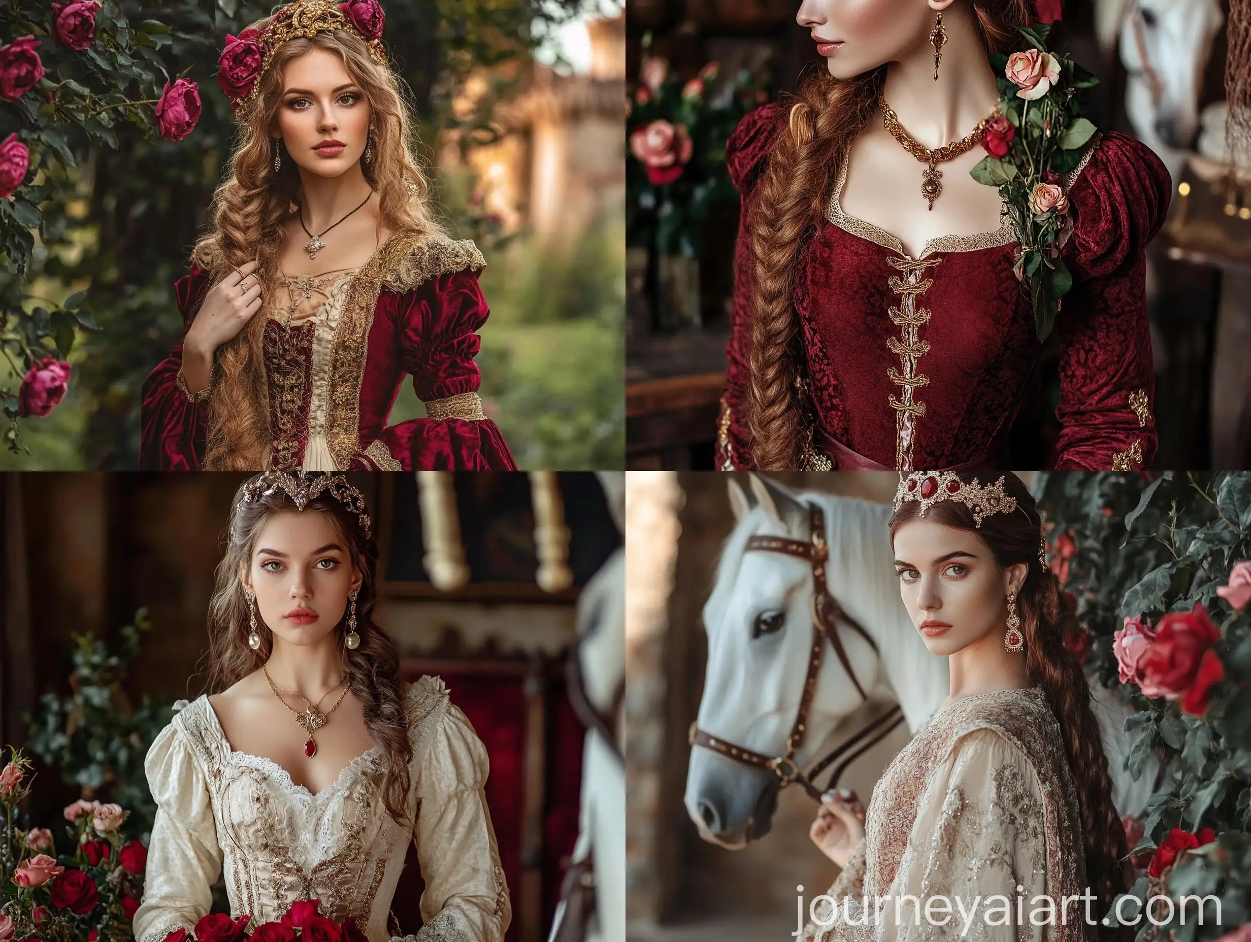 Medieval-Queen-with-Ros-Crown-and-White-Horse-in-Luxurious-Garden