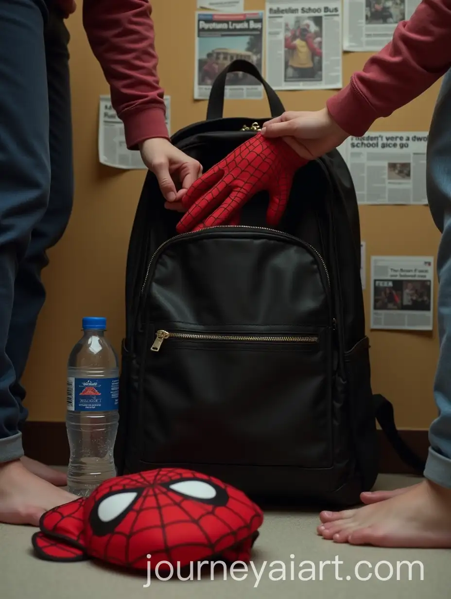 Child-Reaching-for-SpiderMan-Glove-from-Backpack-with-Newspaper-Clippings-in-Background