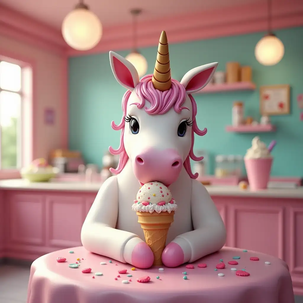 unicorn in icecream shop eating ice cream