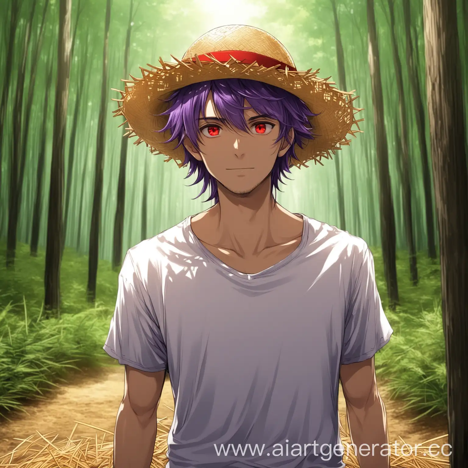 Man-with-Purple-Hair-and-Straw-Hat-in-Enchanted-Forest