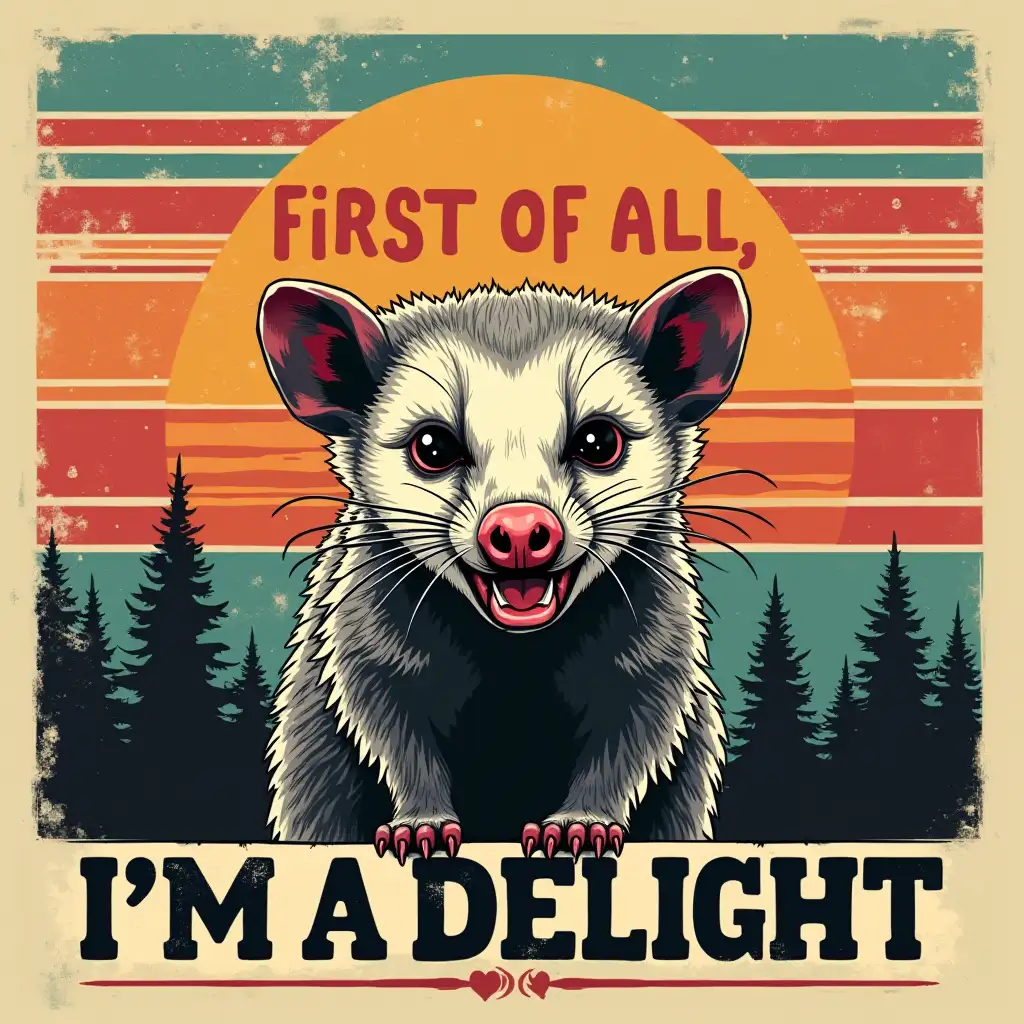 Create an image featuring a fierce opossum with a playful expression, set against a vibrant retro landscape. The background should include bold, horizontal stripes in warm colors like orange, red, and teal, with silhouettes of trees and a sunset. Overlay the image with the text: 'FIRST OF ALL' 'I'M A DELIGHT'. Use a distressed, vintage style for the text and the overall design to enhance the playful yet edgy vibe.