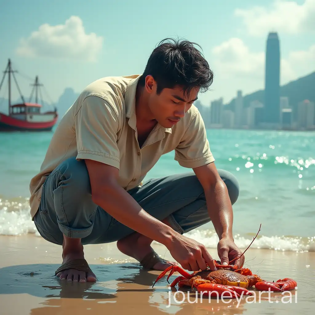 Sawdust-Male-Character-Catching-Crabs-at-Hong-Kong-Seafront