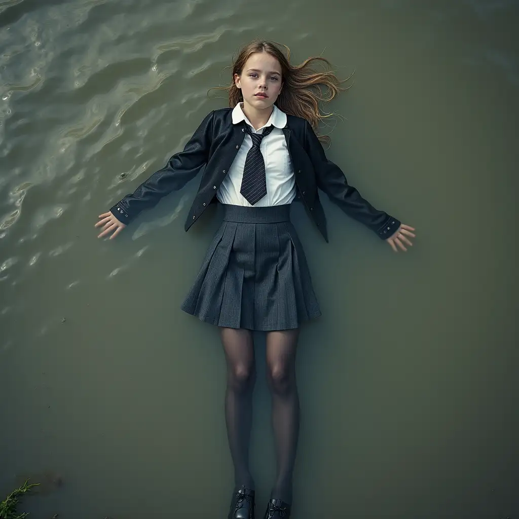 A young schoolgirl in a school uniform, in a skirt, jacket, blouse, dark tights, high-heeled shoes. She is swimming in a dirty pond, lying under water, all her clothes are completely wet, wet clothes stick to her body, the whole body is under water, submerged in water, under the surface of the water, below the water's edge.