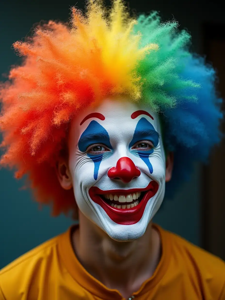 Create a realistic image of a clown with a rainbow wig on his head. The photo should detail the texture of his hair, dyed in bright, rich rainbow colors, with a focus on natural light that highlights the clown's facial expressions and the details of his makeup. The scene should look vivid and vibrant, conveying playfulness and realism at the same time.