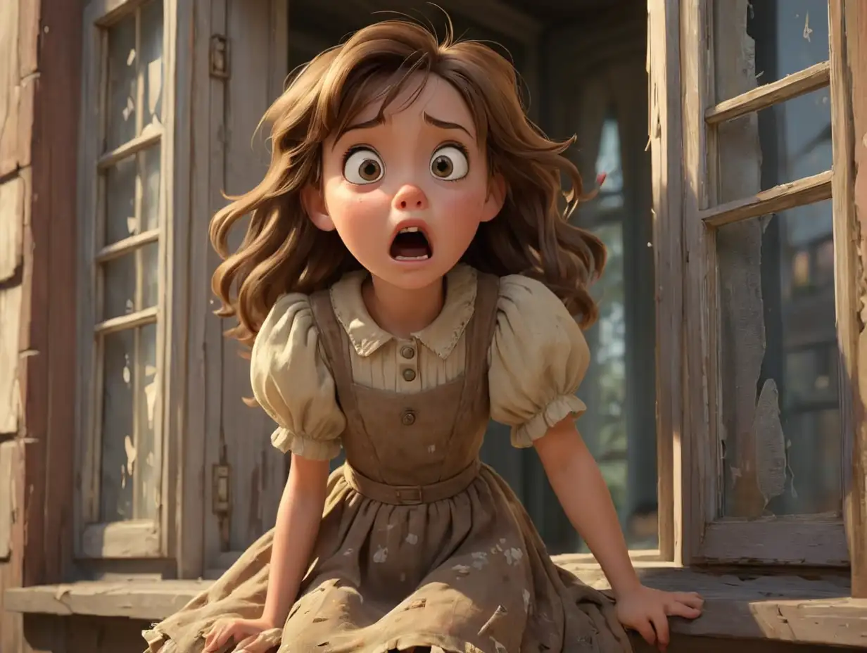 A wide-angle scene shows a young girl with brown hair, wearing an old, tattered dress, appearing at the window with a shocked expression, 3d disney inspire