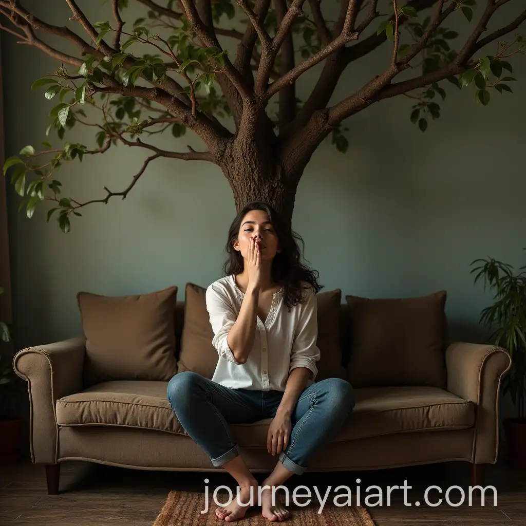 Happy-Woman-Sitting-on-Sofa-with-Tree-Branches-Wrapping-Around-Her-in-a-Peaceful-Living-Room