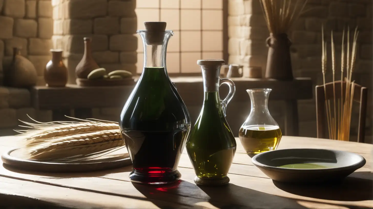 Biblical Era Still Life with Wine Olive Oil and Wheat