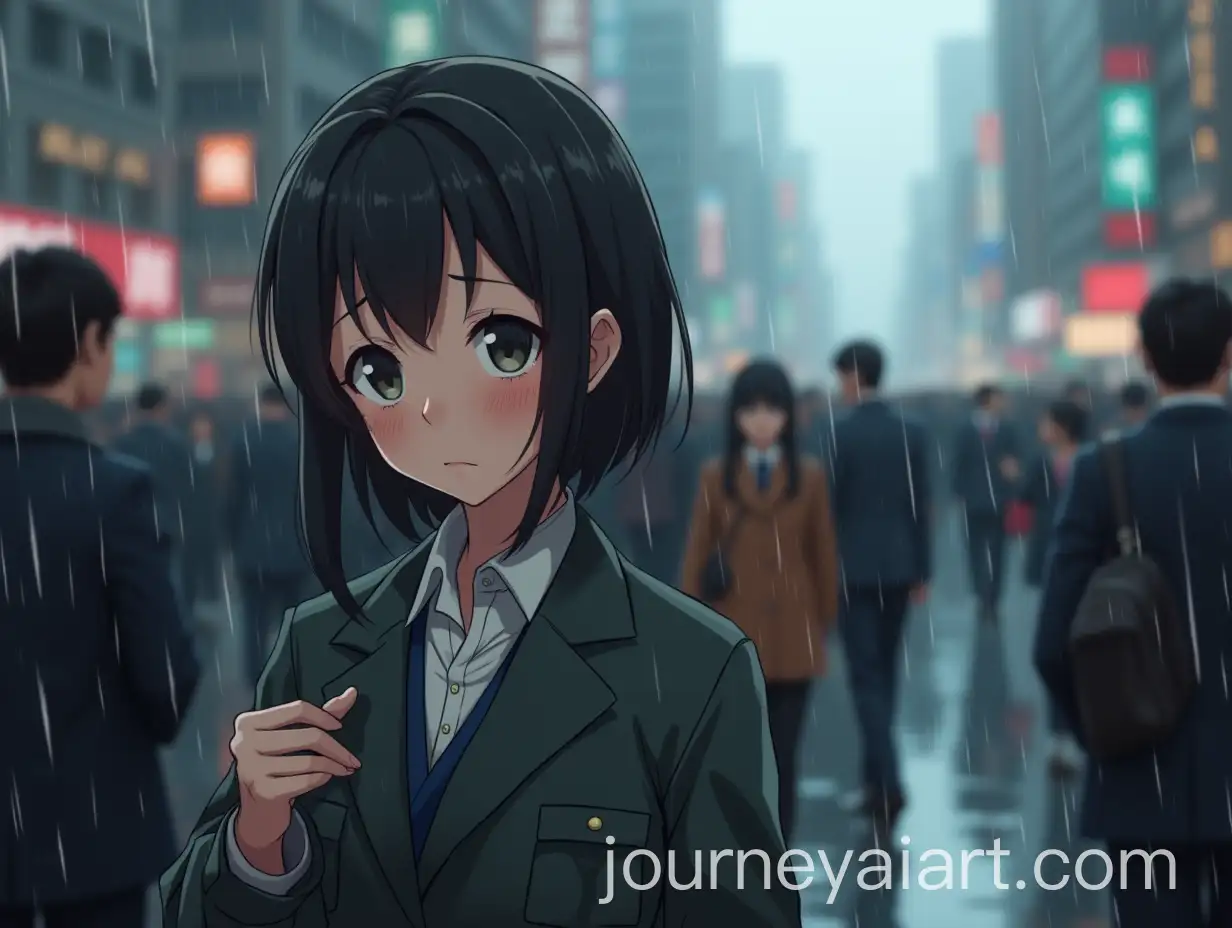 Lonely-Working-Woman-in-Rainy-City-Emotional-Contrast-in-Bustling-Crowd