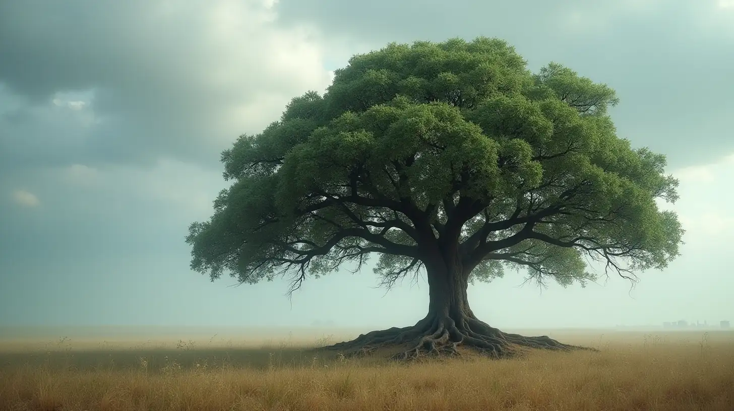 A strong, deeply rooted tree standing firm against strong winds. to convey authority in the face of adversity