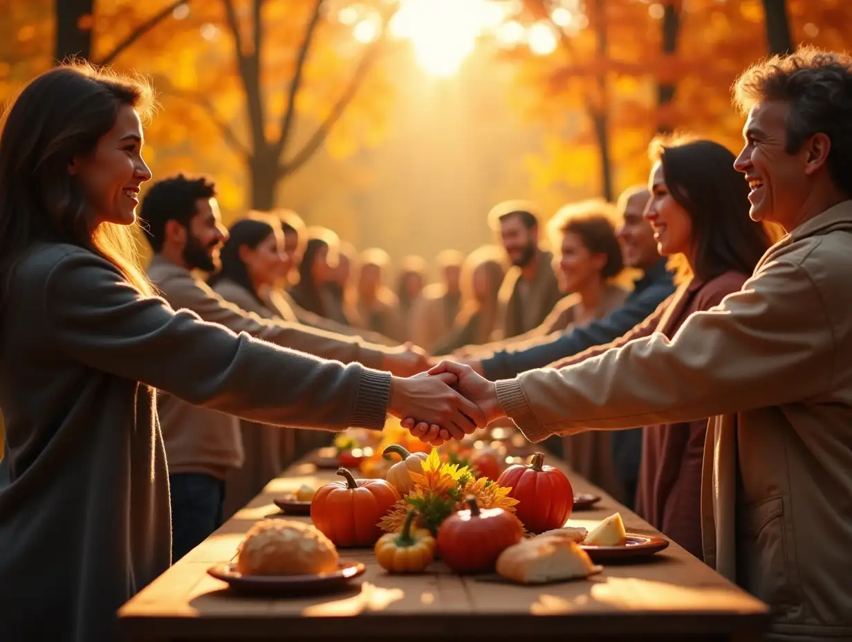 A serene and joyful gathering outdoors during autumn, surrounded by vibrant fall foliage in shades of orange, yellow, and red. The scene depicts a group of diverse people holding hands in prayer and gratitude, with a wooden table in the center adorned with a bountiful harvest of fruits, vegetables, and bread. A radiant golden light filters through the trees, creating a warm and inviting atmosphere. The setting symbolizes themes of Thanksgiving, gratitude, and God's blessings, inspired by Thanksgiving Psalms like Psalm 34, Psalm 103, and Psalm 136.