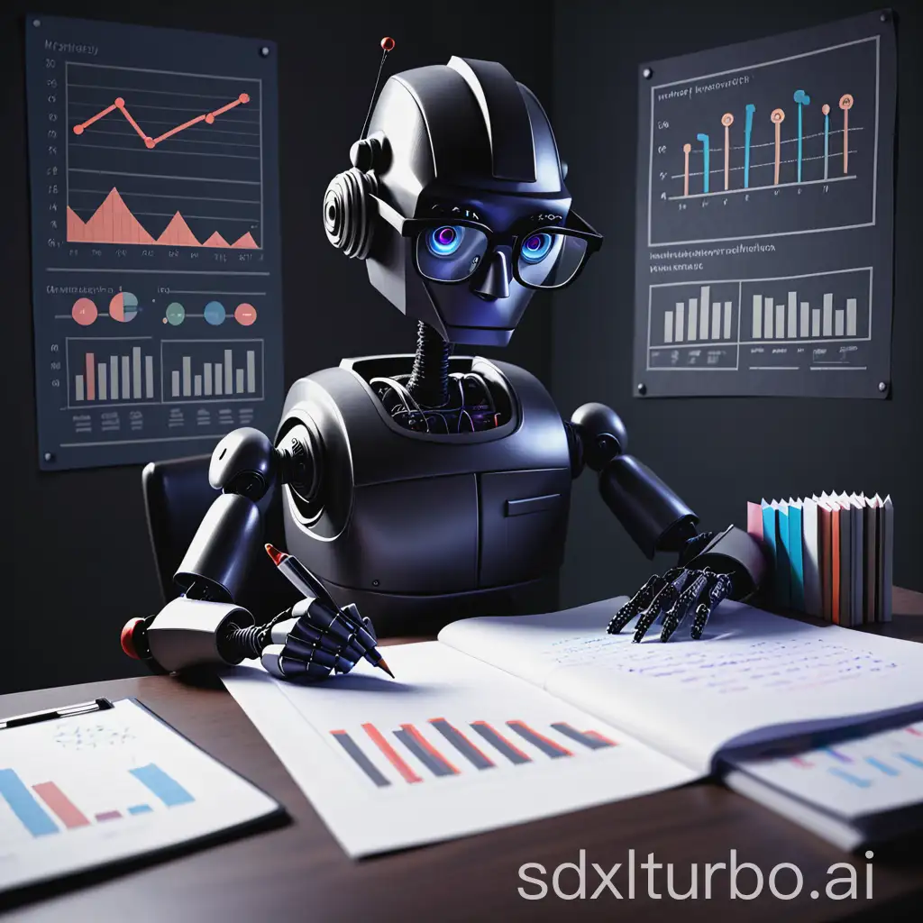 A dark nerd robot writing a report with graphs and statistics
