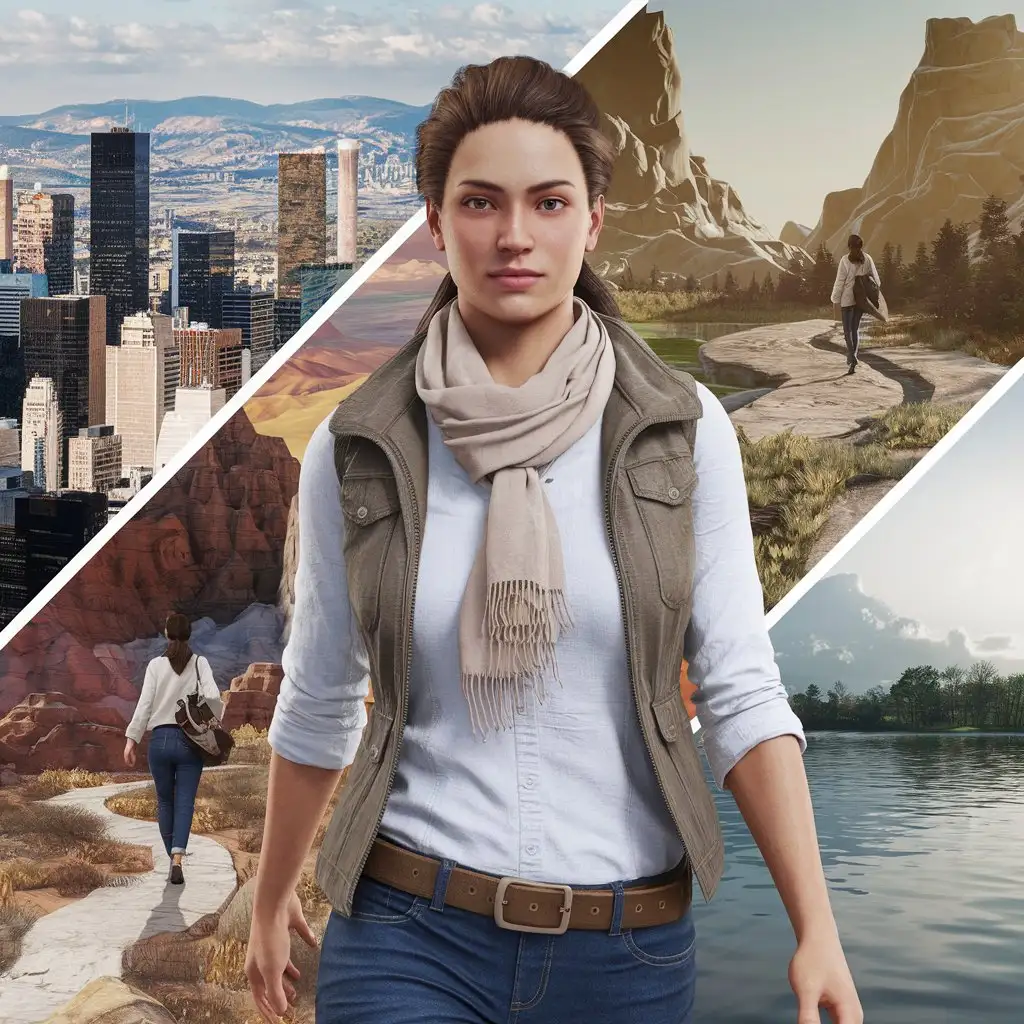 a realistic and beautiful woman traveler hikes in motion between different locations 3d