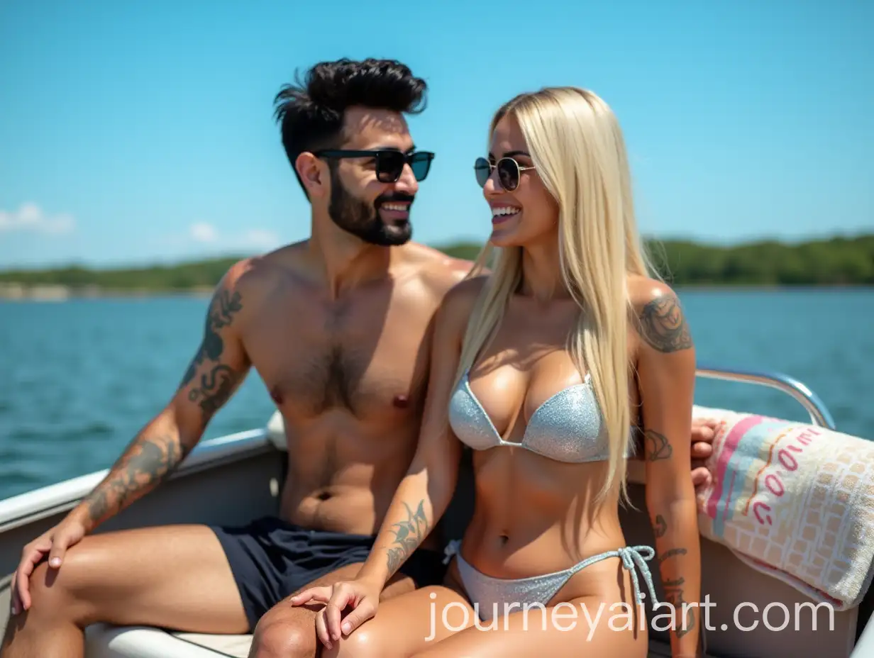 Young-Pakistani-Couple-on-a-Boat-with-Vibrant-Silver-Bikini-and-Tattoos-in-Sunny-Lake-Setting