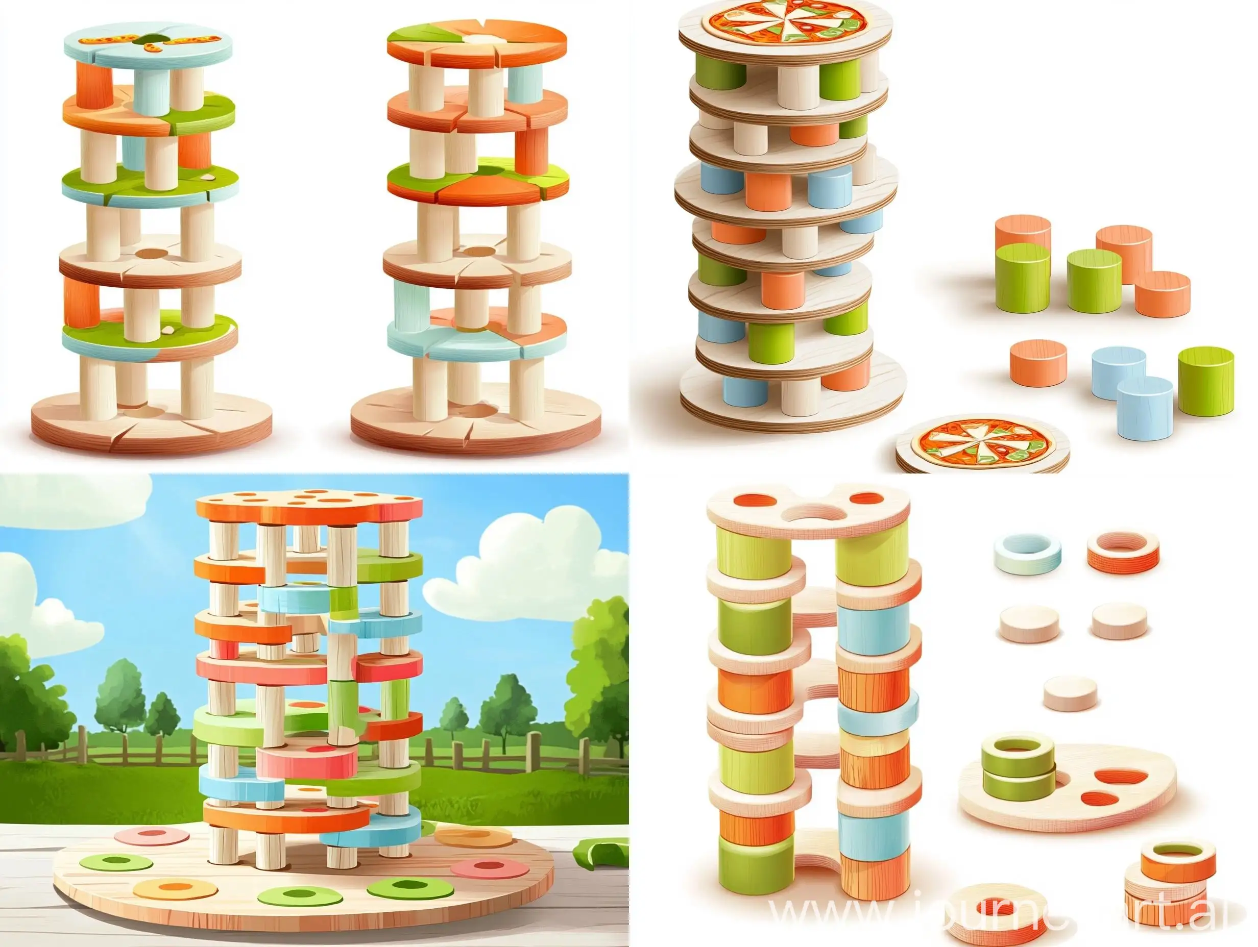 Wooden-Pizza-Tower-Game-Design-with-Cylindrical-Bases-and-Circle-Plates