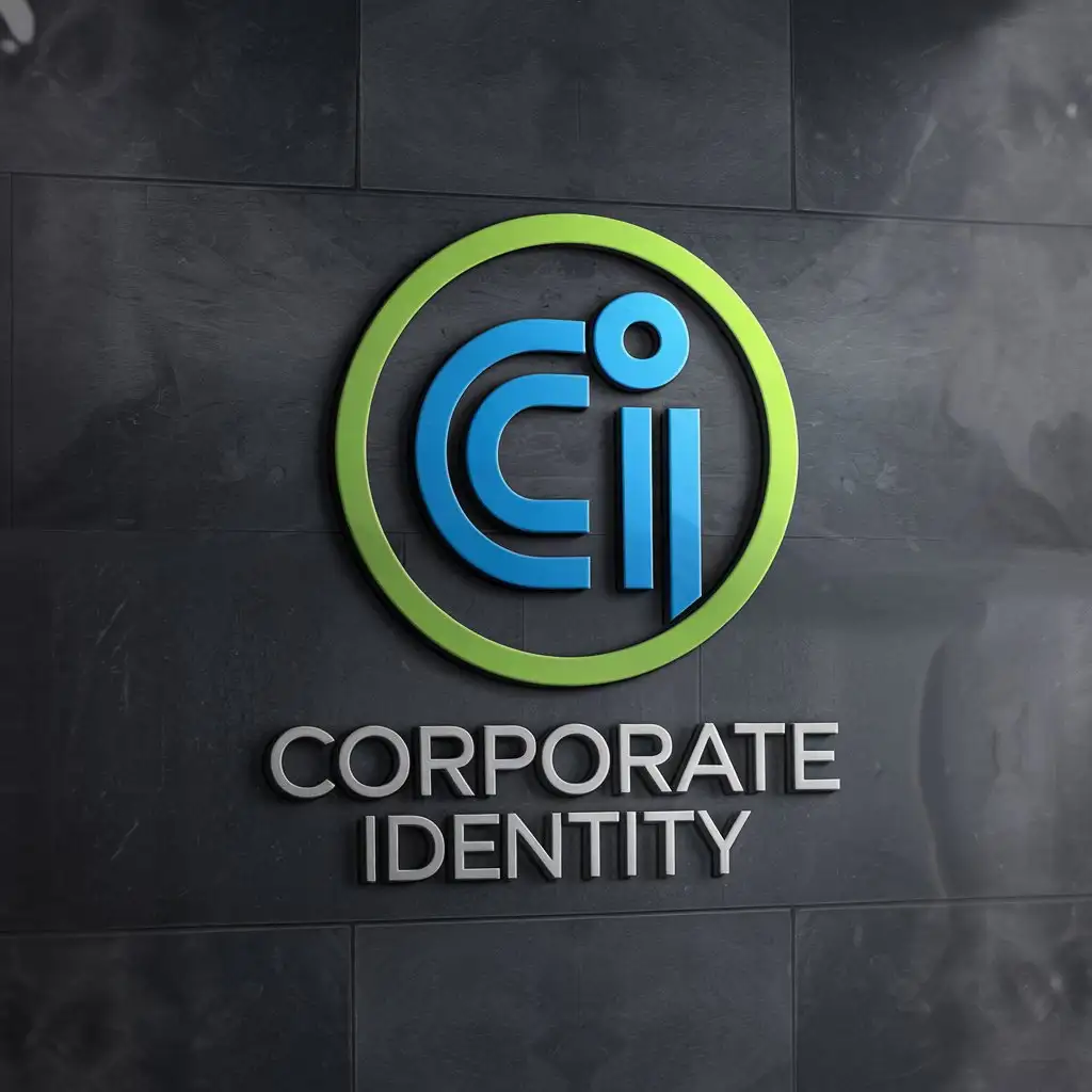 LOGO Design for Corporate Identity Minimalist Blue Green Gray Theme on Dark Office Wall Mockup