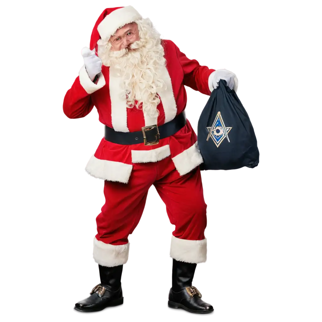 Santa with a bag of toys wearing a Masonic apron.