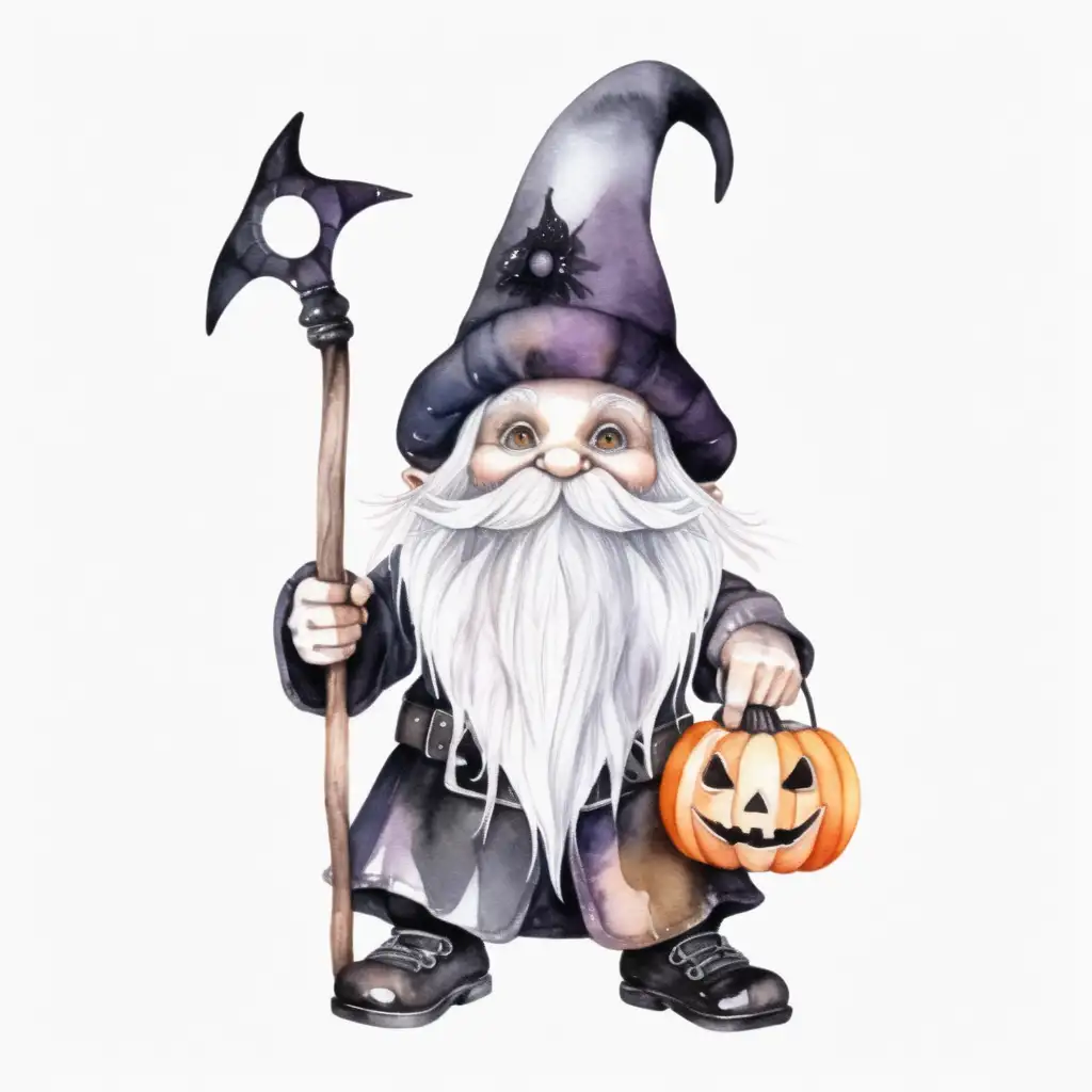 Spooky Halloween Style Gnome in Aesthetic Watercolor Isolated on White Background