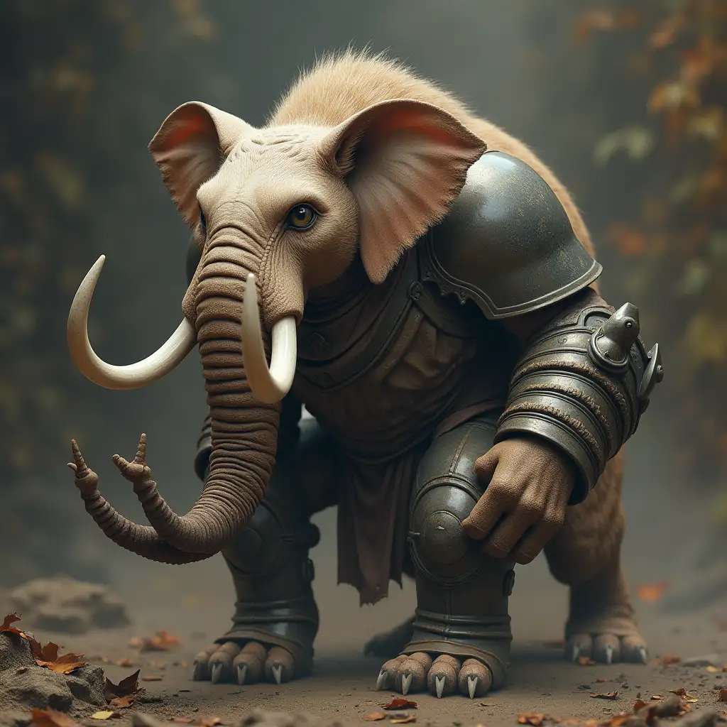 A mixture of a cat with an elephant trunk and armor long tusks