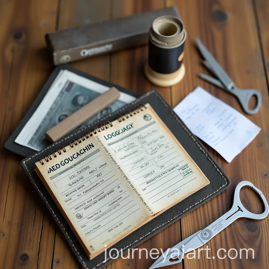 Geocaching-Toolkit-with-Tweezers-Logbook-and-Waterproof-Container-on-Wooden-Background