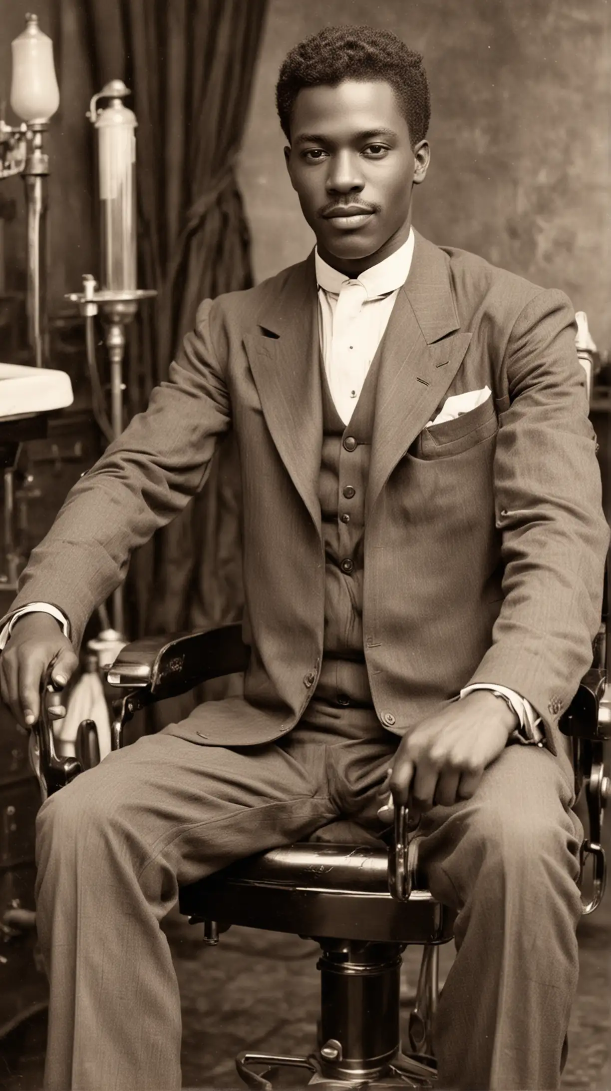 Handsome Black Man in a Vintage Barber Chair from the 1900s