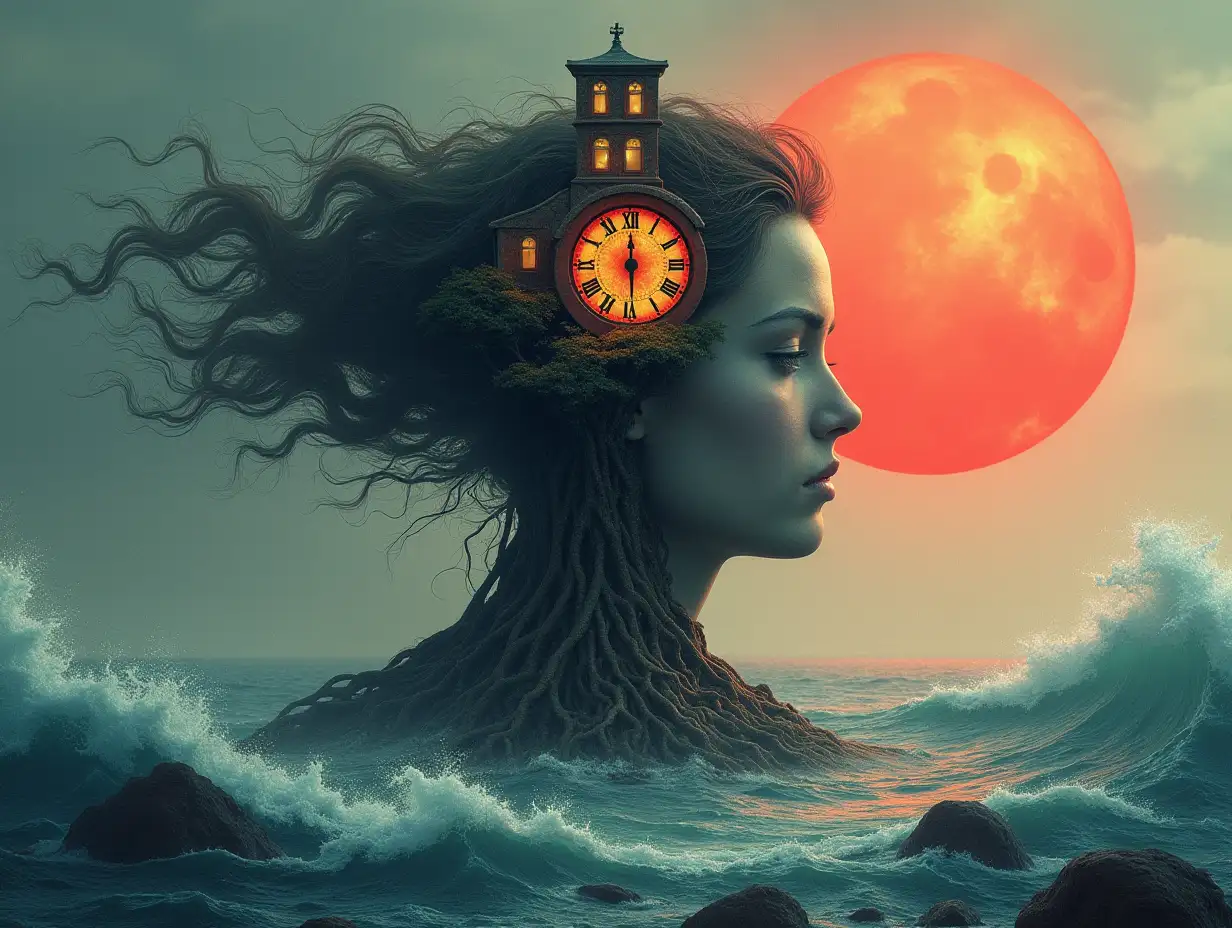 Face with hair transforms into a building with lit up clock and roots on an island with red sun sea with large stones and big waves