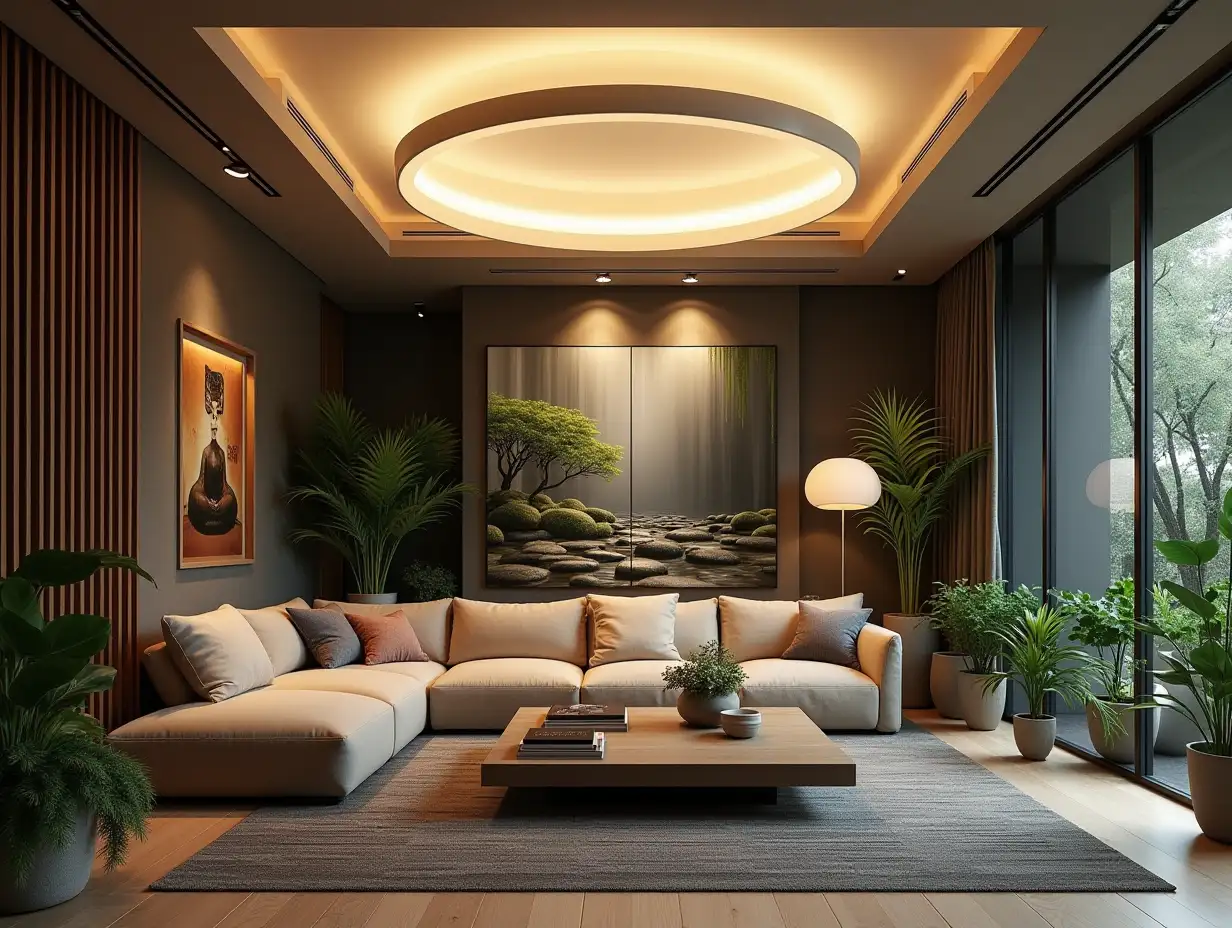 Large modern ceiling light for living room with furniture very many plants lilies flowers with Film Demon Slayer image on the wall Zen garden with carefully tended rocks, a meditative 180 degrees shot 8K resolution Colorful